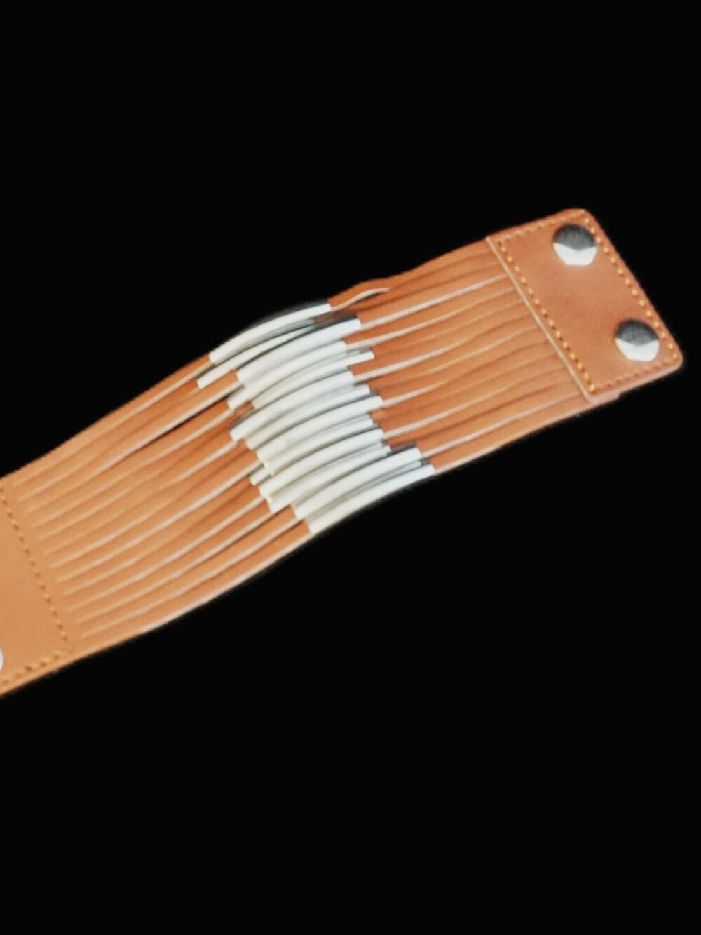 Vegan Leather Cuff Bracelet Snap Closure with Cut Strands with Silver Bar Accent